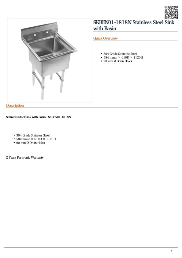 Modular systems SKBEN01-1818N Stainless Steel Sink with Basin 584x610x1120