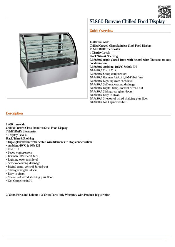 Bonvue SL860 Curved Glass Chilled Food Display 1800x740x1350