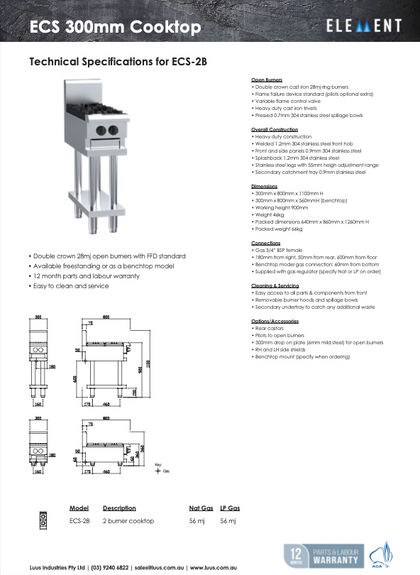 Luus / ECS-2B_LPG / 300mm Cooktop (28MJ, LPG Gas) / 66kg / W300 x D800 x H1100 / 1Y Warranty