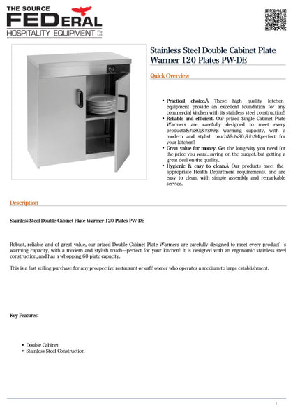 FED PW-DE 120 Plate Warmer Double Cabinet