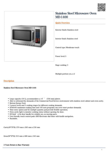Benchstar MD-1400 Stainless Steel Microwave Oven