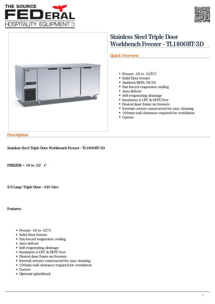 FED TL1800BT-3D Stainless Steel Triple Door Workbench Freezer