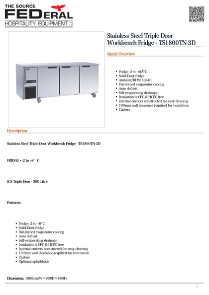 FED TL1800TN-3D Stainless Steel Triple Door Workbench Fridge