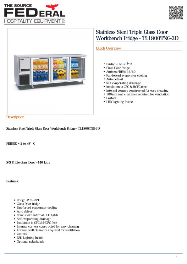 Thermaster TL1800TNG-3D SS Triple Glass Door Workbench Fridge 417L 1800mmW