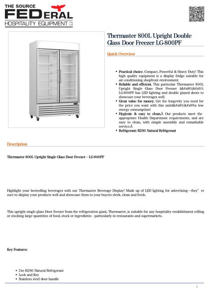 Thermaster  LG-800PF 800L Upright Double Glass Door Freezer 1220w