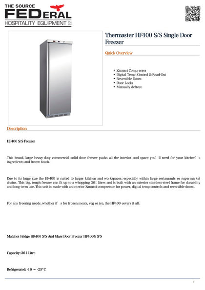 Thermaster HF400 SS Single Door Freezer 361L
