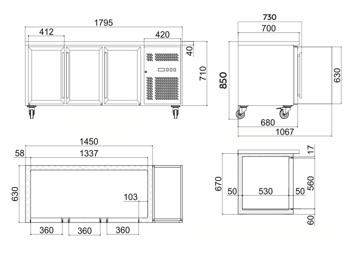 Bromic UBC1795GD-NR Three Glass Door Under Bench Fridge 417L