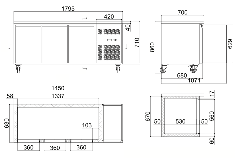 Bromic UBC1795SD-NR Three Solid Door Under Bench Storage Fridge 417L