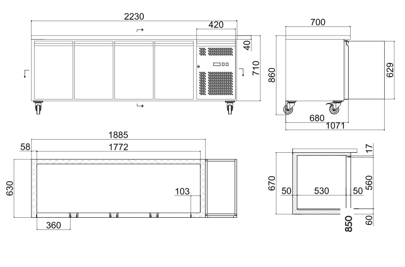 Bromic UBC2230SD-NR Four Solid Door Under Bench Storage Fridge 553L