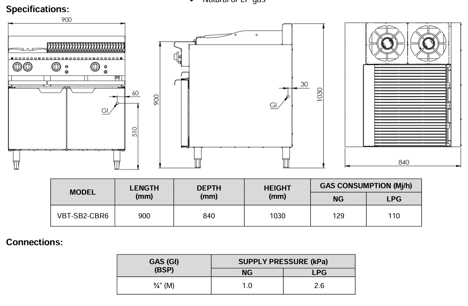 B+S Verro Combination Two Open Burners & 600mm Char Broiler VBT-SB2-CBR6