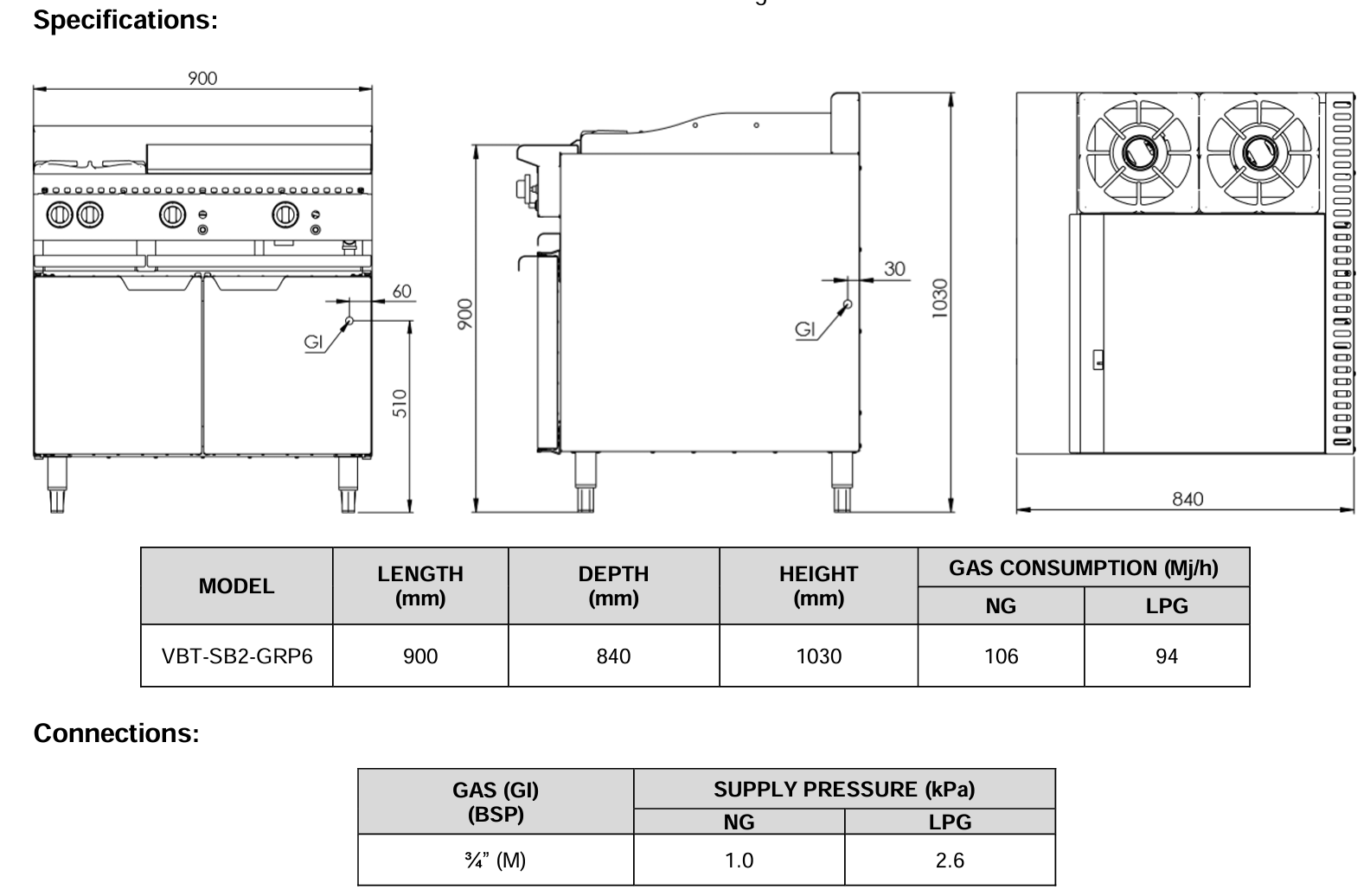 B+S Verro Combination Two Open Burners & 600mm Grill Plate VBT-SB2-GRP6