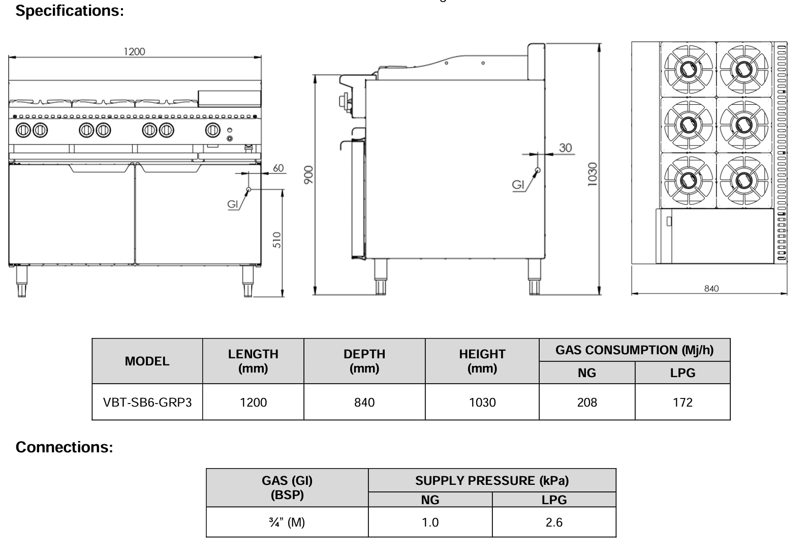 B+S Verro Combination Six Open Burners & 300mm Grill Plate VBT-SB6-GRP3