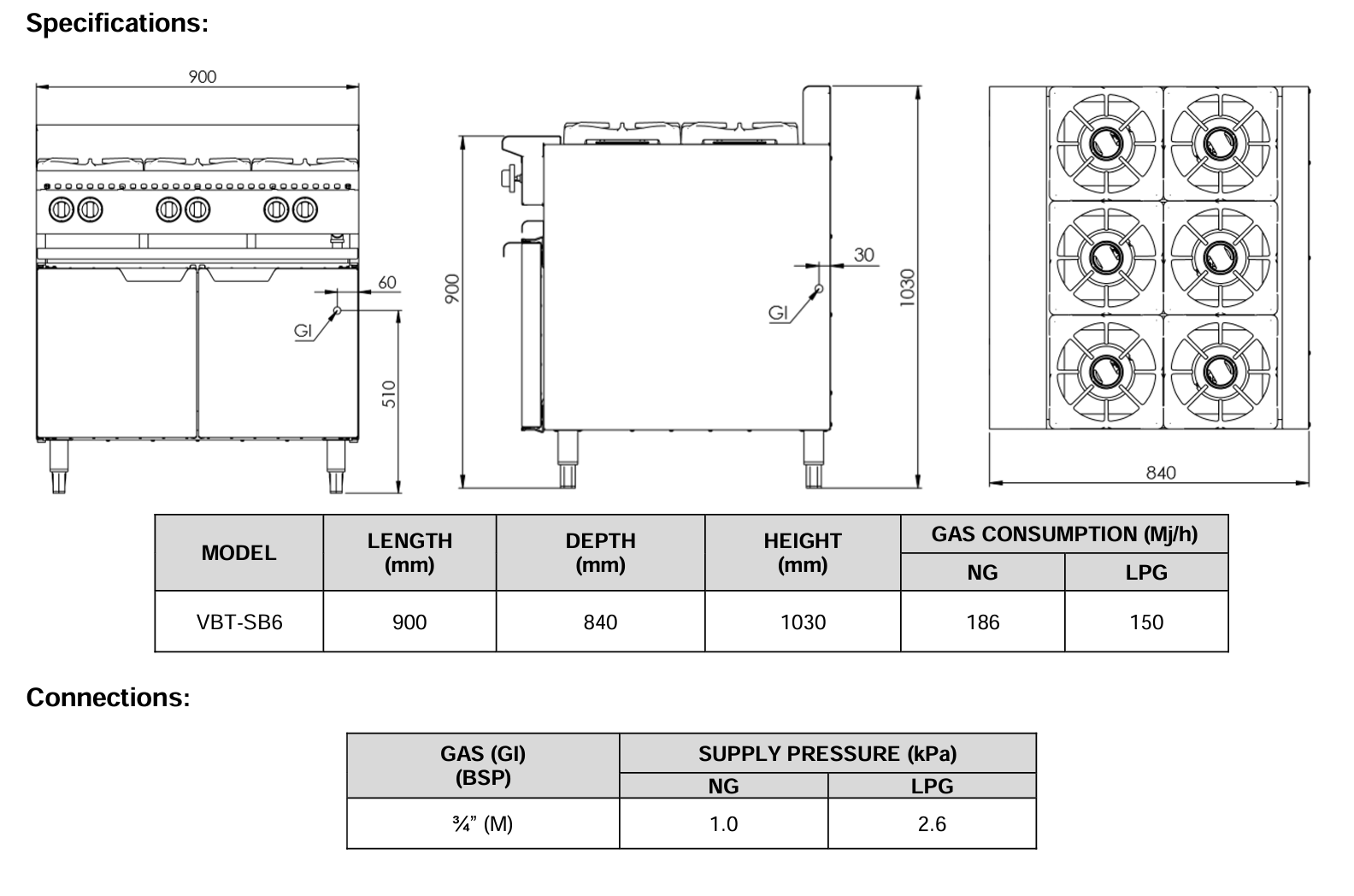 B+S Verro Six Burner Boiling Top VBT-SB6