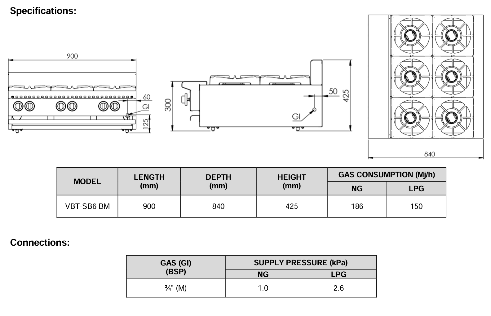 B+S Verro Six Burner Boiling Top Bench Mounted VBT-SB6BM
