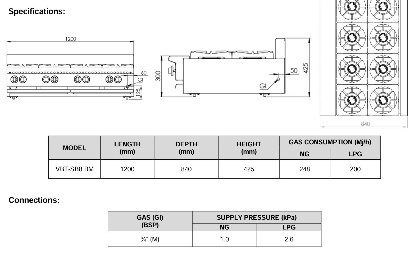 B+S Verro Boiling Tops Eight Burner Bench Mounted VBT-SB8BM