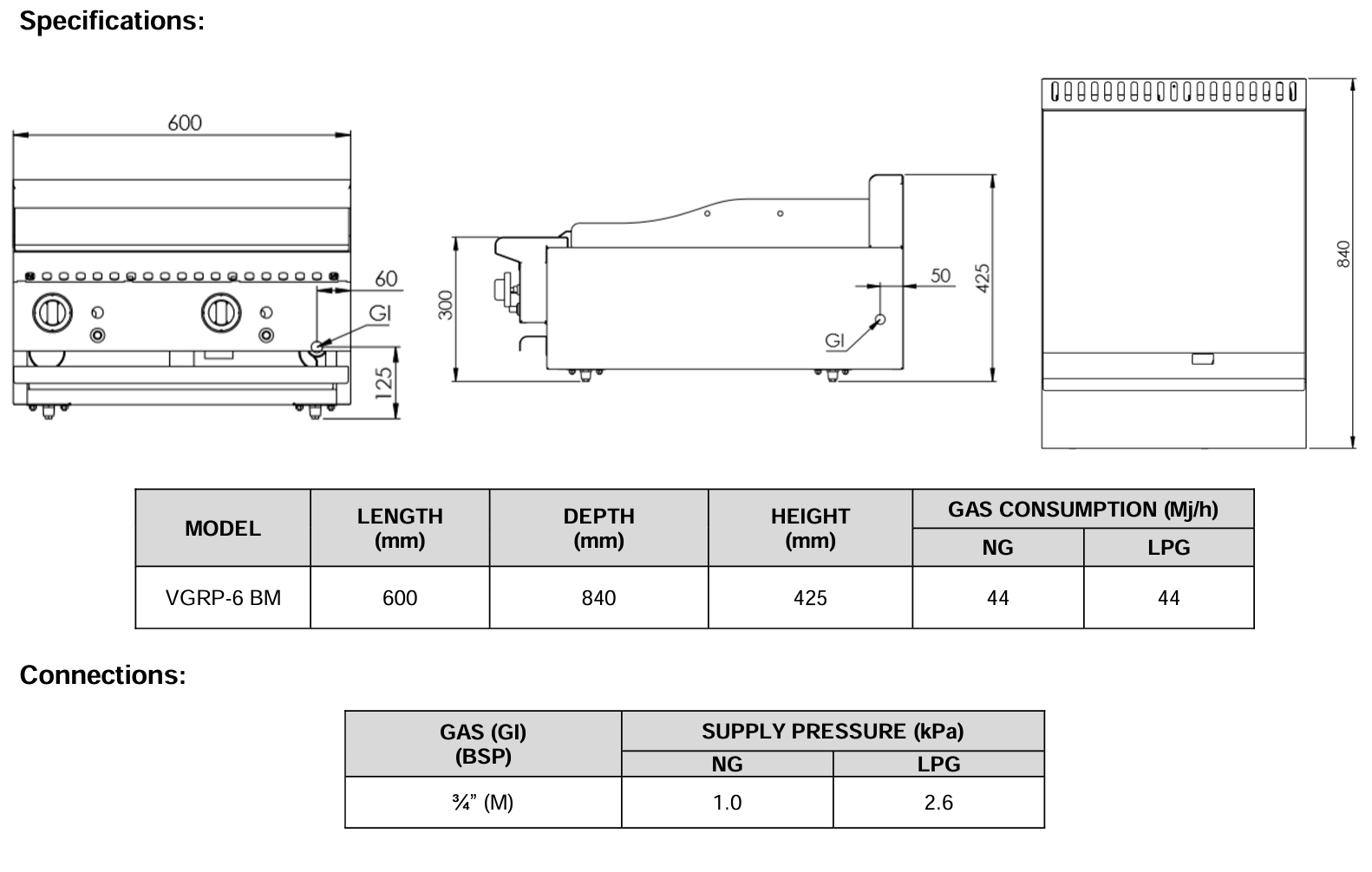 B+S Verro Grill Plate 600mm Bench Mounted VGRP-6