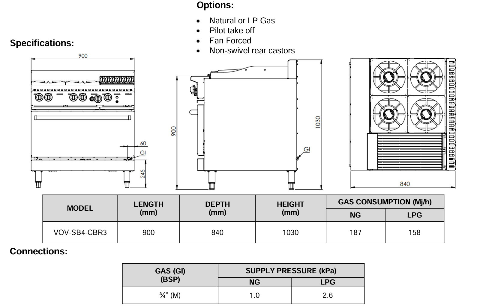 B+S Verro Oven with 300mm Char Broiler & Four Open Burners VOV-SB4-CBR3