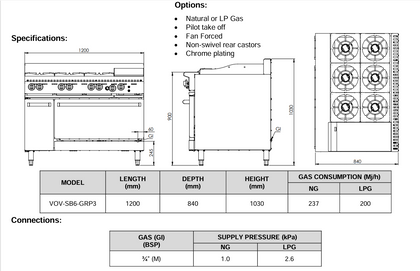 B+S Verro Combination Ovens with Six Burners & 300mm Grill Plate VOV-SB6-GRP3