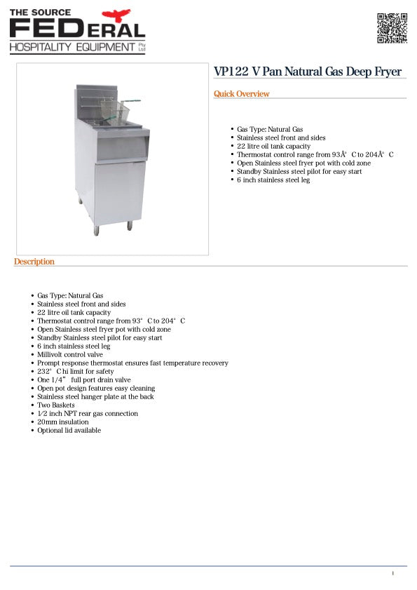 GasMax VP122 V Pan Natural Gas Deep Fryer 22 L 400mm