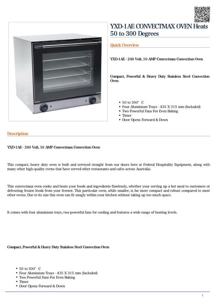 CONVECTMAX YXD-1AE CONVECTMAX OVEN Heats 50 to 300 Degrees