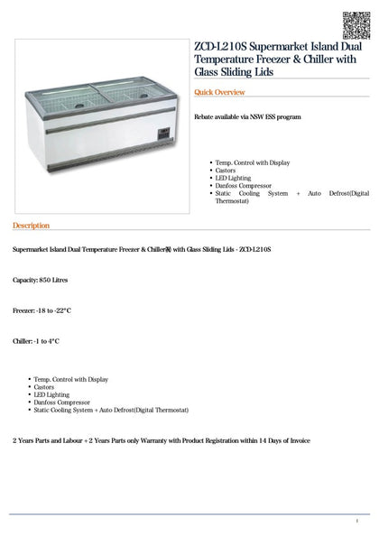 FED ZCD-L210S Supermarket Island Dual Temperature Freezer & Chiller with Glass Sliding Lids / 2100x850x855 / 2+2Y Warranty