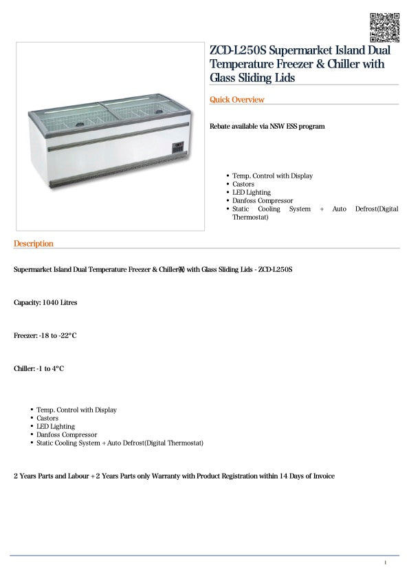 Thermaster ZCD-L250S Supermarket Island Dual Temperature Freezer & Chiller with Glass Sliding Lids