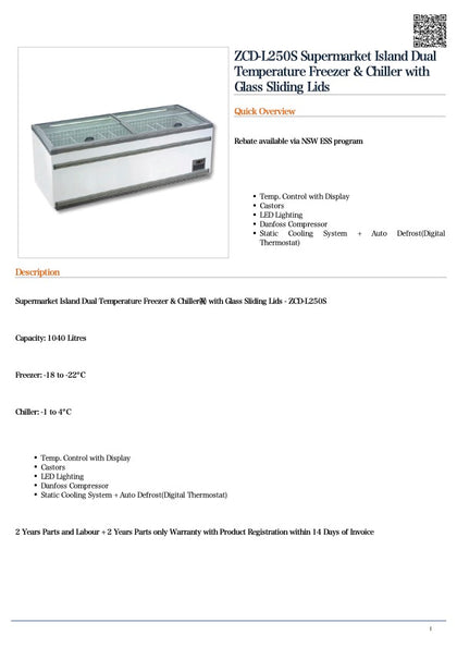 FED ZCD-L250S Supermarket Island Dual Temperature Freezer & Chiller with Glass Sliding Lids / 2500x850x855 /2+2Y Warranty