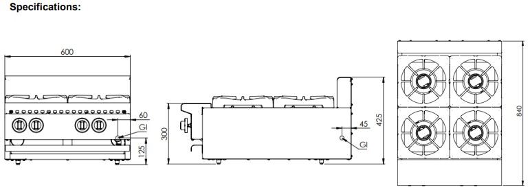B+S Black Boiling Tops Four Burner Bench Mounted BT-SB4BM