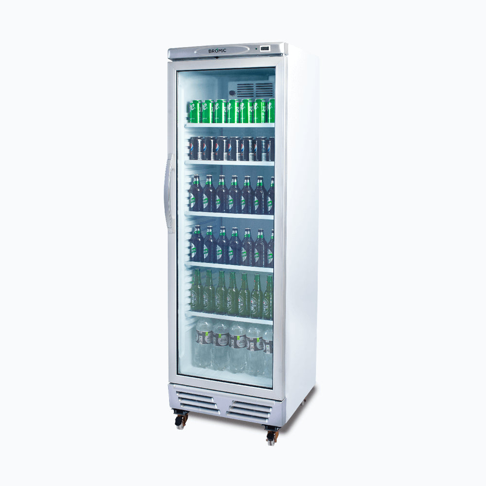 Bromic - Upright Display Fridge - 372L - 1 Door - Flat Glass - White with Silver Trim