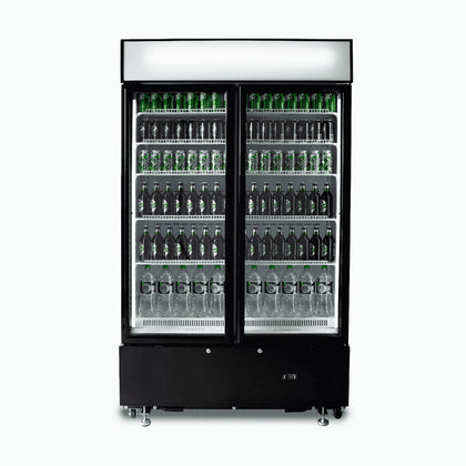 Upright Display Fridge  960L 2 Doors Flat Glass Cassette Black