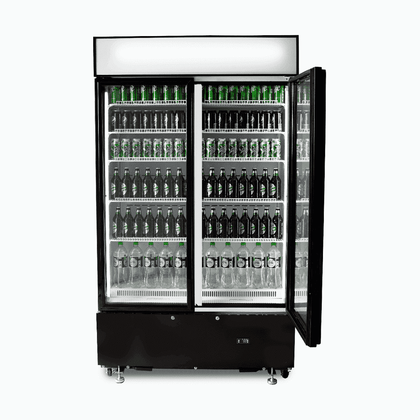 Upright Display Fridge  960L 2 Doors Flat Glass Cassette Black