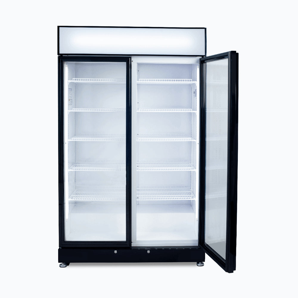 Bromic GM0900LBECO Upright Display Fridge 885L 2 Doors Flat Glass Black