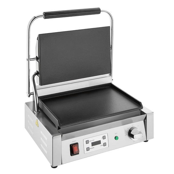 Apuro Large Contact Grill Flat Plates with Timer - 2.2kW | Flat upper and lower plates | Dimensions: 215(H) x 480(W) x 435(D)mm | 15 Amp