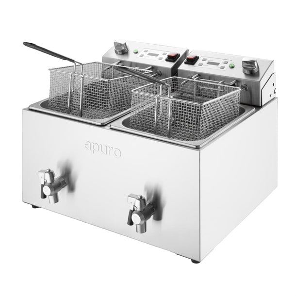 Apuro Twin Tank Electric Fryer with Timer - 2x8Ltr - 2x2.9kW - 2x2.9kW. Oil Capacity: 2x8Ltr. Chip output: up to 16kg/hr