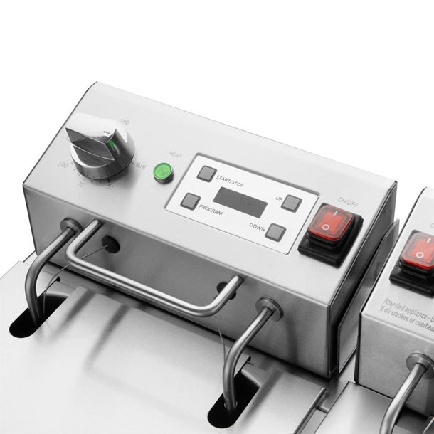 Apuro Twin Tank Electric Fryer with Timer - 2x8Ltr - 2x2.9kW - 2x2.9kW. Oil Capacity: 2x8Ltr. Chip output: up to 16kg/hr
