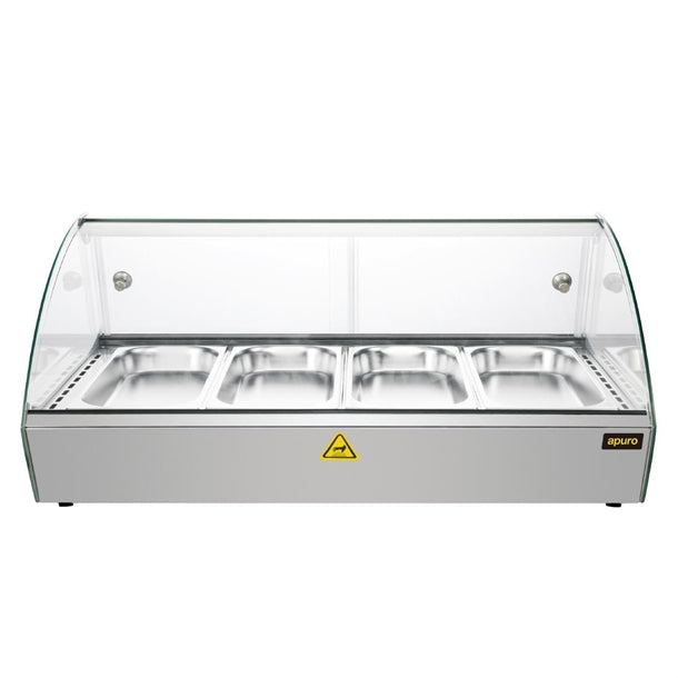 Apuro Countertop Heated Food Display 773mm - 500W. Capacity: 4x 1/3GN. Glass front. Sliding rear doors.