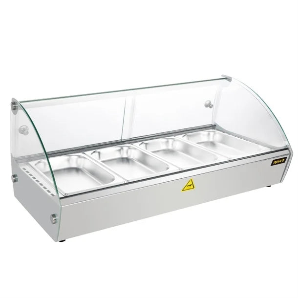 Apuro Countertop Heated Food Display 773mm - 500W. Capacity: 4x 1/3GN. Glass front. Sliding rear doors.