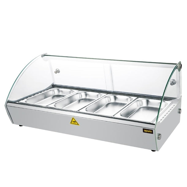Apuro Countertop Heated Food Display 773mm - 500W. Capacity: 4x 1/3GN. Glass front. Sliding rear doors.