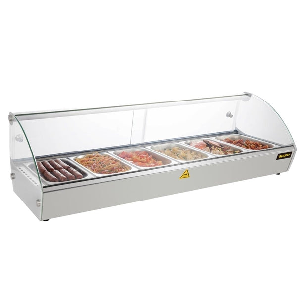 Apuro Countertop Heated Food Display 1127mm - 800W. Capacity: 6x 1/3GN. Glass front. Sliding rear doors.