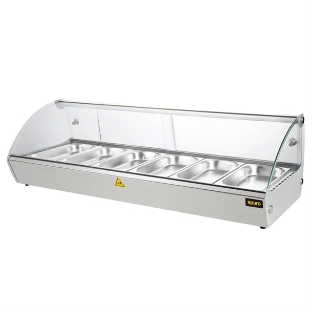Apuro Countertop Heated Food Display 1127mm - 800W. Capacity: 6x 1/3GN. Glass front. Sliding rear doors.