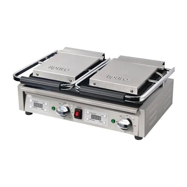 Apuro Double Contact Grill Ribbed Plates with Timer - Power: 2.9kW | Ribbed upper and lower plates | Dimensions: 210(H) x 550(W) x 395(D)mm