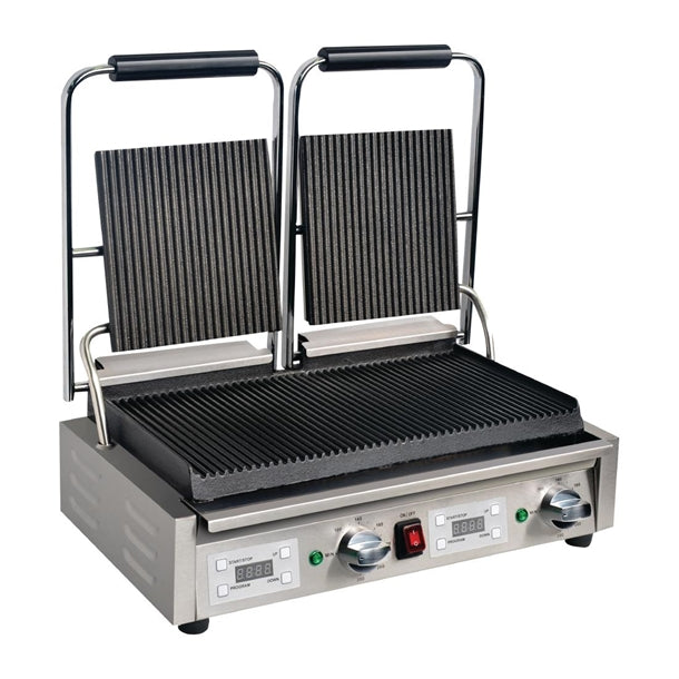 Apuro Double Contact Grill Ribbed Plates with Timer - Power: 2.9kW | Ribbed upper and lower plates | Dimensions: 210(H) x 550(W) x 395(D)mm