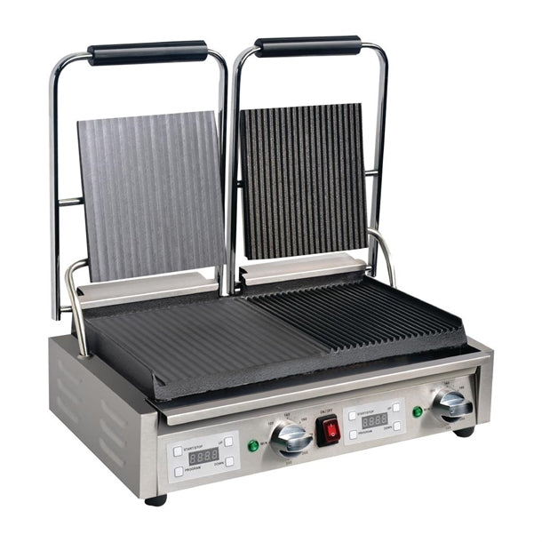 Apuro Double Half Ribbed Contact Grill - Power: 2.9kW. Double grill. Ribbed & flat plates