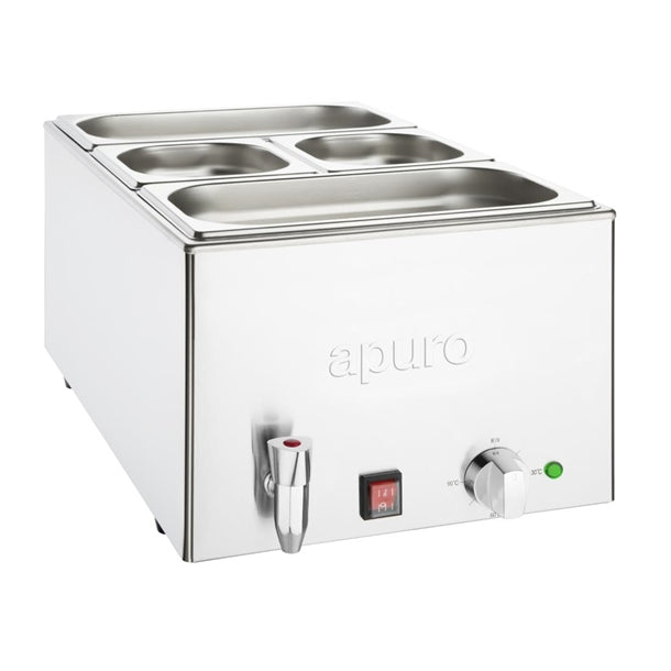 Apuro Bain Marie with Tap and Pans - 1.2kW Wet Heat with Drain Tap. 2x GN 1/3 & 2x GN 1/6 pans included