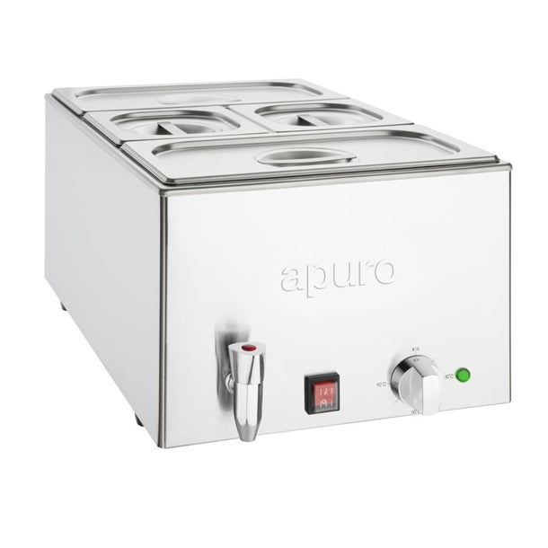Apuro Bain Marie with Tap and Pans - 1.2kW Wet Heat with Drain Tap. 2x GN 1/3 & 2x GN 1/6 pans included