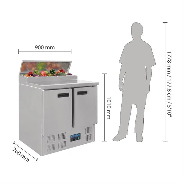 Polar G-Series Pizza Prep Counter Fridge 254Ltr - 155W. Stainless steel worktop. R600a