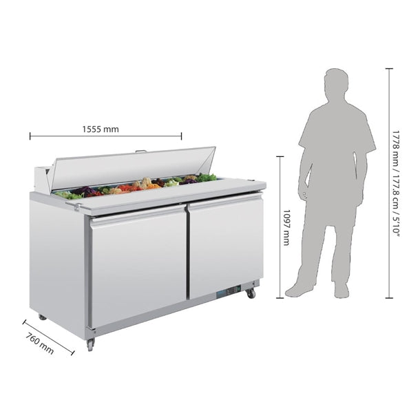 Polar U-Series Double Door Prep Counter Fridge 527Ltr - 450W. Capacity: 16x 1/6GN. R290