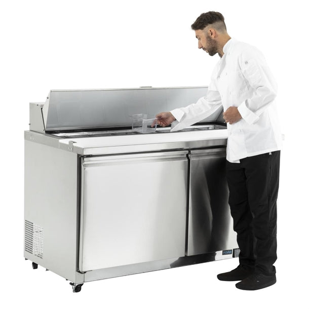 Polar U-Series Double Door Prep Counter Fridge 527Ltr - 450W. Capacity: 16x 1/6GN. R290