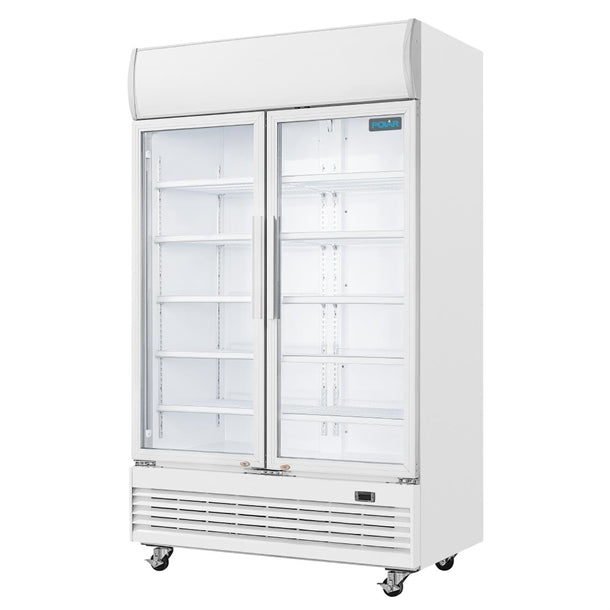 Polar G-Series Upright Display Cooler with Light Box 950Ltr - 500W. White finish. R290. Hinged Doors