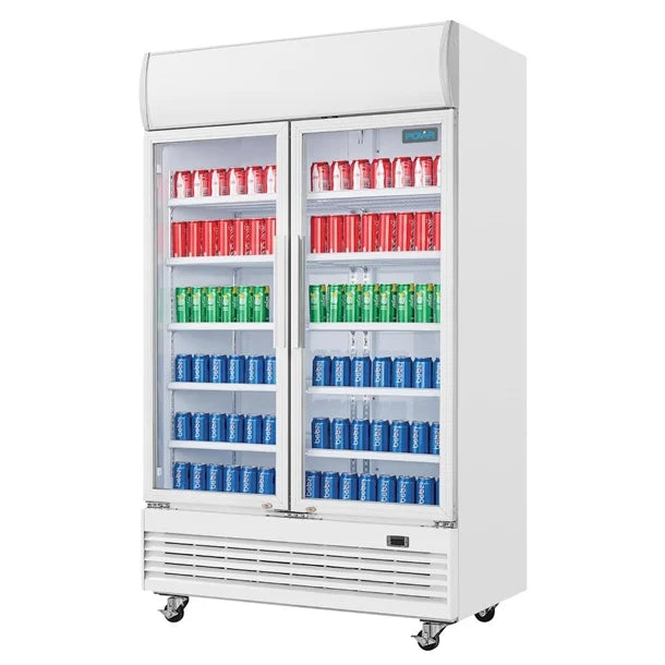 Polar G-Series Upright Display Cooler with Light Box 950Ltr - 500W. White finish. R290. Hinged Doors